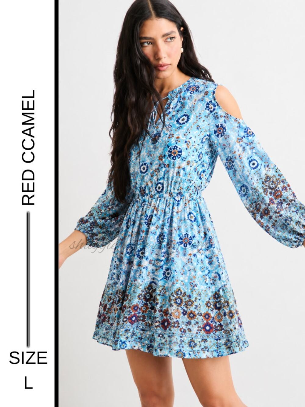 MSRP: $58 | ✨ Red Camel Blue Boho Floral Peekaboo Shoulder Mini Dress | L NWT ✨